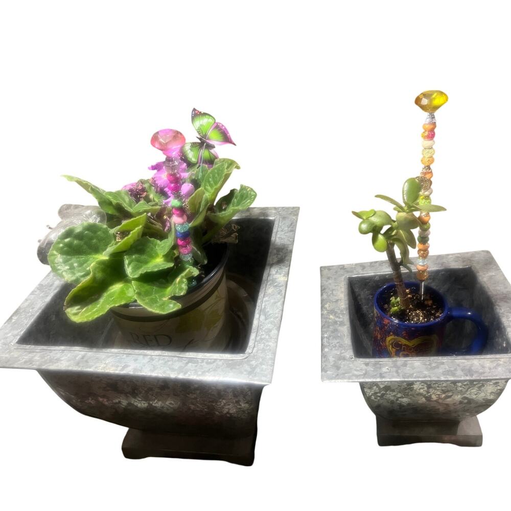 Set of 2 Footed Aluminum Planters Diamond Pattern Square 12.5"Wx11"T and 9"Wx8"T